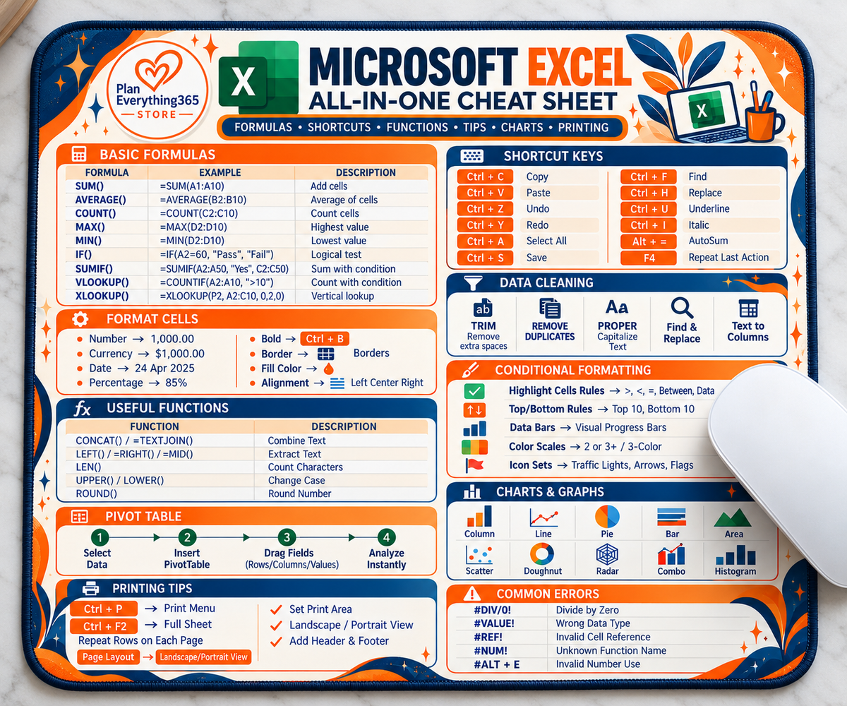 Microsoft Excel All-in-One Cheat Sheet Mouse Pad